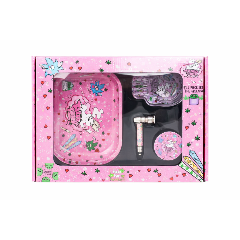 SET 'Baked Bun' - Metallpfeife 7cm + Grinder Ăž50mm + Rolling Tray + Glasaschenbecher