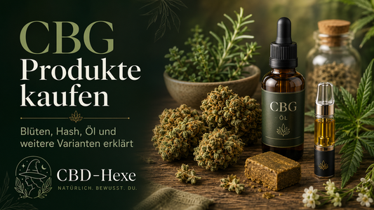 Verschiedene CBG Produkte wie Blüten, Hash und Öl im Überblick