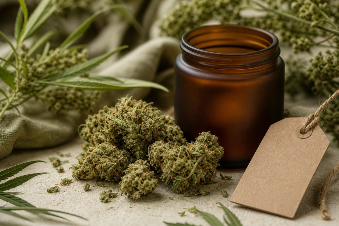 Neutrale CBD Blüten neben einer unbeschrifteten Produktkennzeichnung