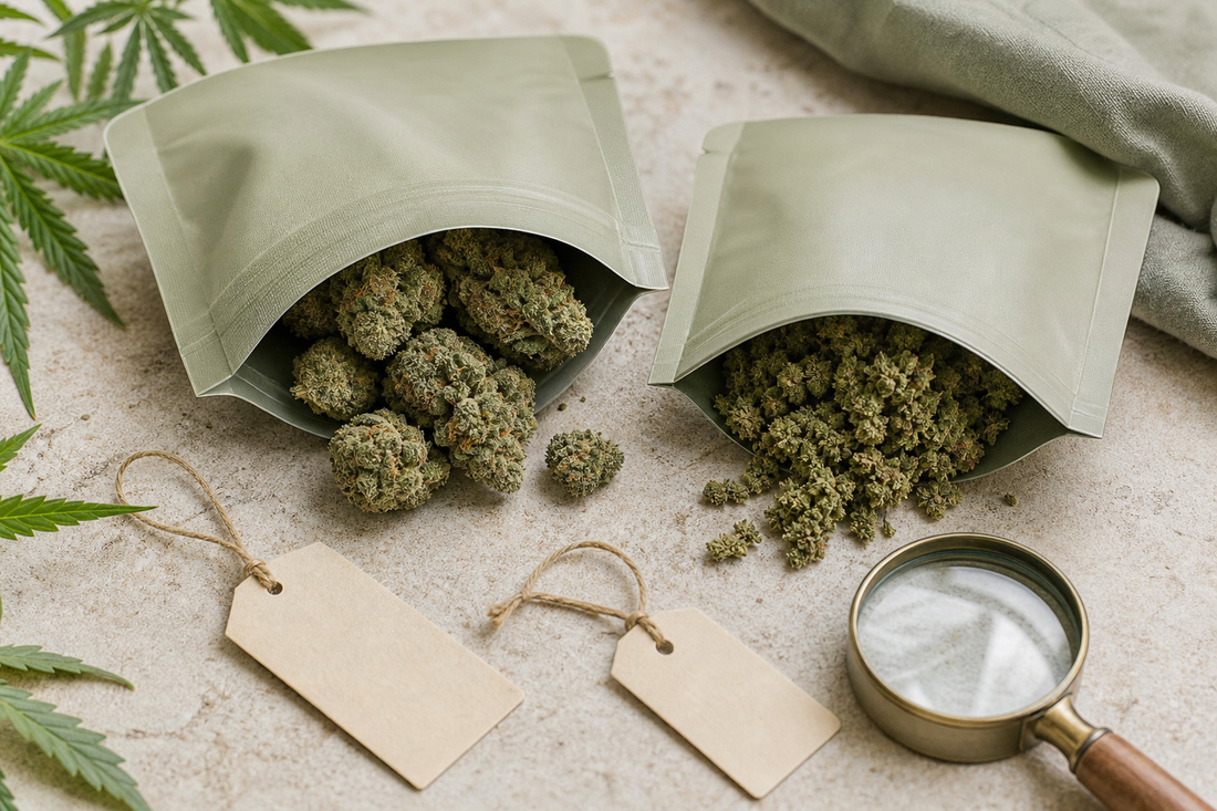 Zwei unterschiedlich wirkende CBD Blüten Chargen nebeneinander zum sachlichen Vergleich