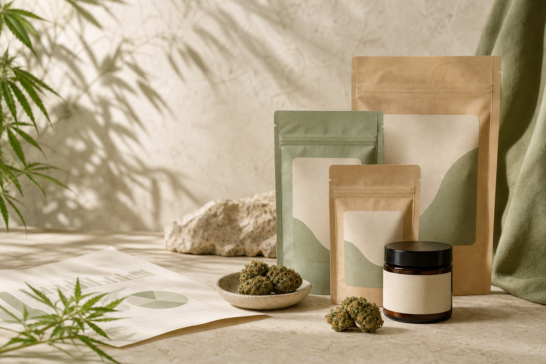 Neutrale CBD-Blüten-Verpackungen mit Blüten und Analyseunterlagen