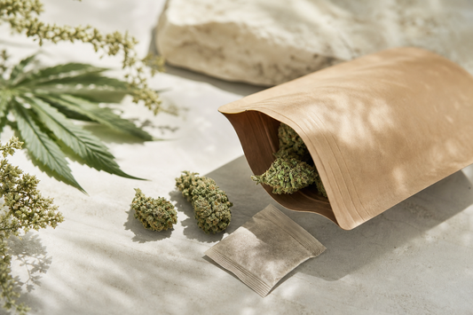 Geöffnete neutrale Verpackung mit CBD Blüten und Feuchtigkeitsregler bei einer Erstprüfung