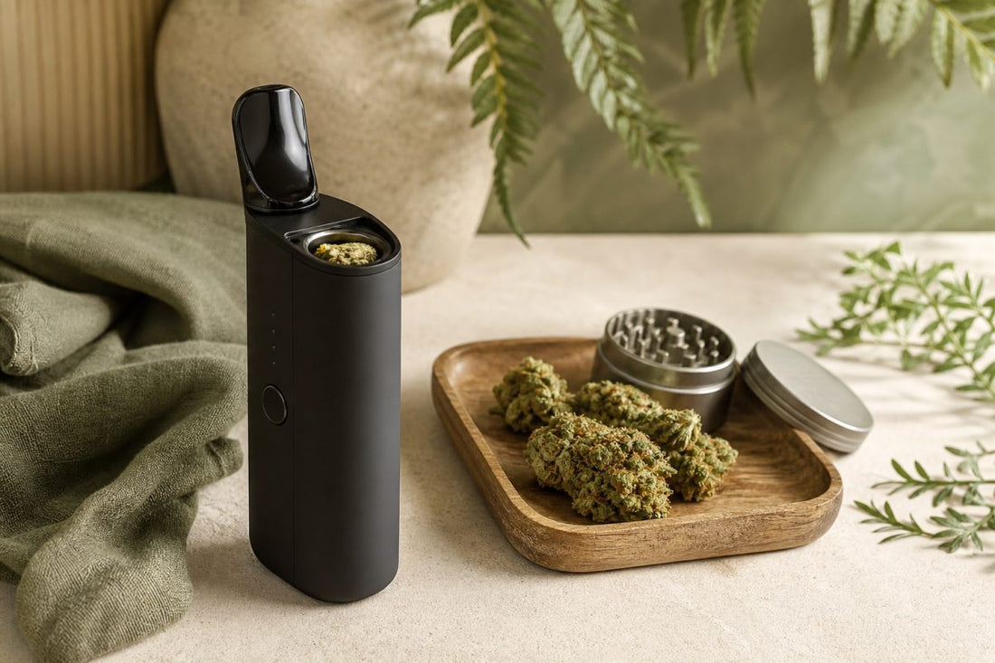 Trockenkräuter-Vaporizer mit CBD Blüten und Grinder auf einer sauberen Unterlage