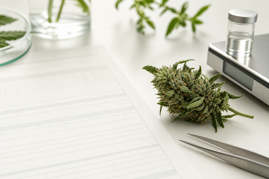 Hanfblüte neben neutralen Laborutensilien für einen CBD Blüten Laborbericht