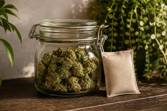 CBD Blüten in einem Glasbehälter mit neutralem Feuchtigkeitsregler