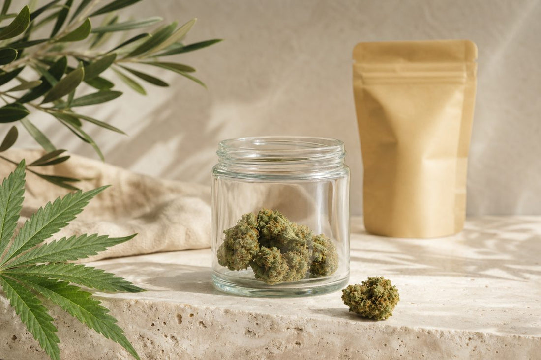 CBD Blüten in einem neutralen Glasbehälter für einen Qualitäts- und Zustandscheck