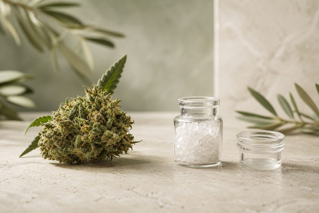 CBD Blüte und farblose CBD-Kristalle im neutralen Produktvergleich