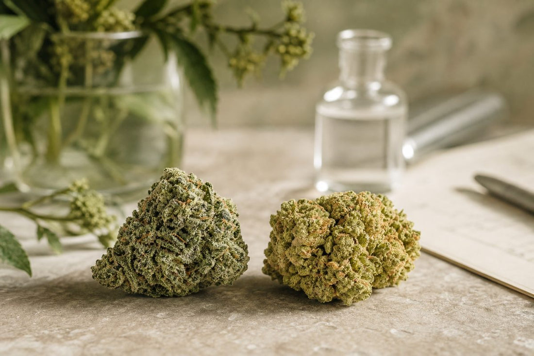 Zwei Hanfblüten als visueller Vergleich von CBD Blüten und CBG Blüten