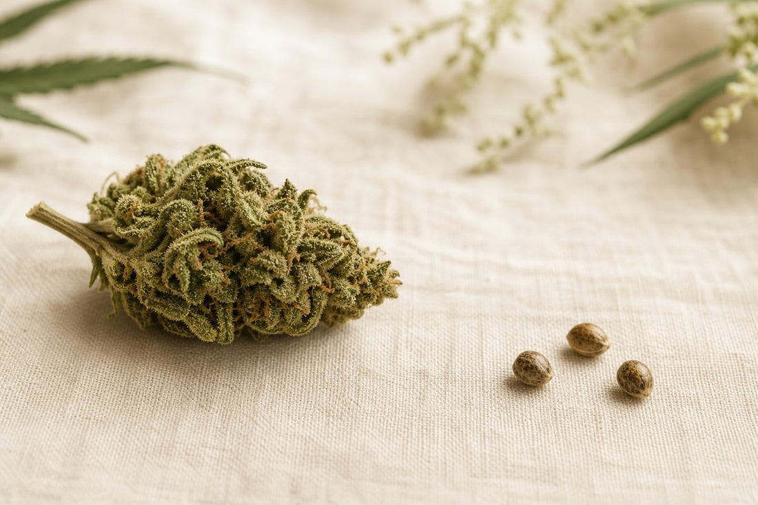 Getrocknete Hanfblüte und Hanfsamen nebeneinander als Vergleich