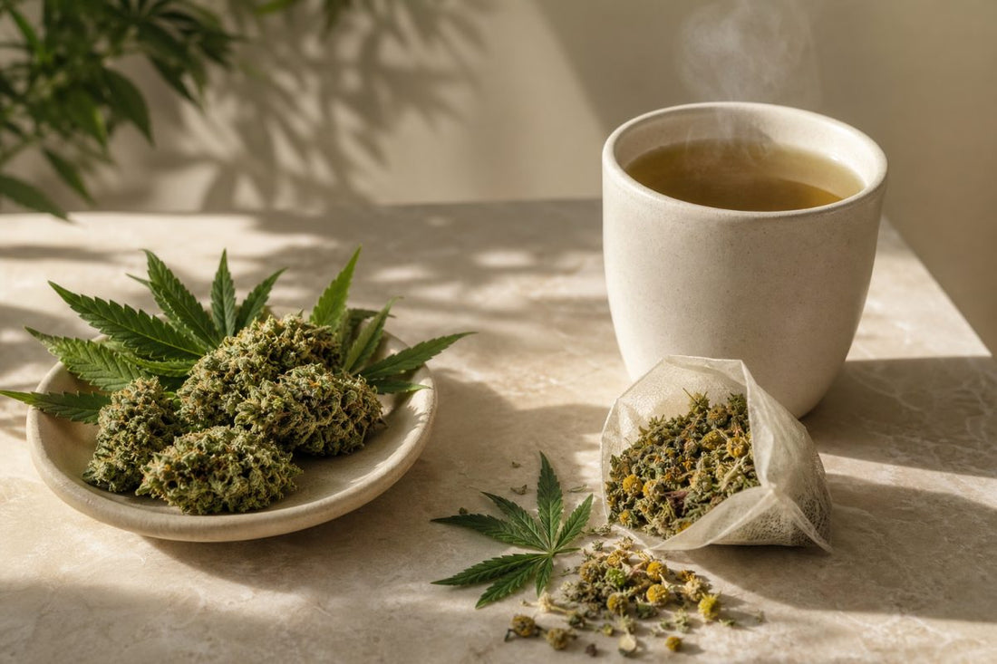 CBD Blüten neben losem Hanftee und einer Tasse Kräuteraufguss