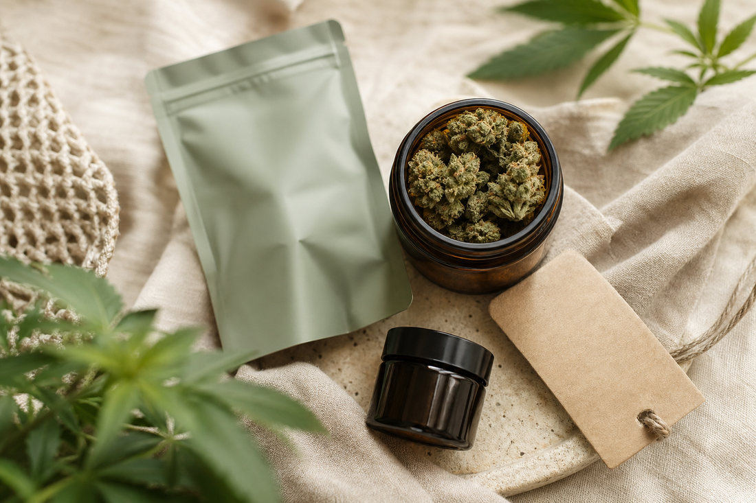 Ordentlich organisierte CBD Blüten mit ungeöffnetem Vorrat, geöffneter Packung und kleinem Portionierglas