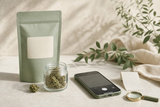 Neutrale Verpackung mit CBD Blüten, Smartphone und Belegen zur Reklamationsdokumentation