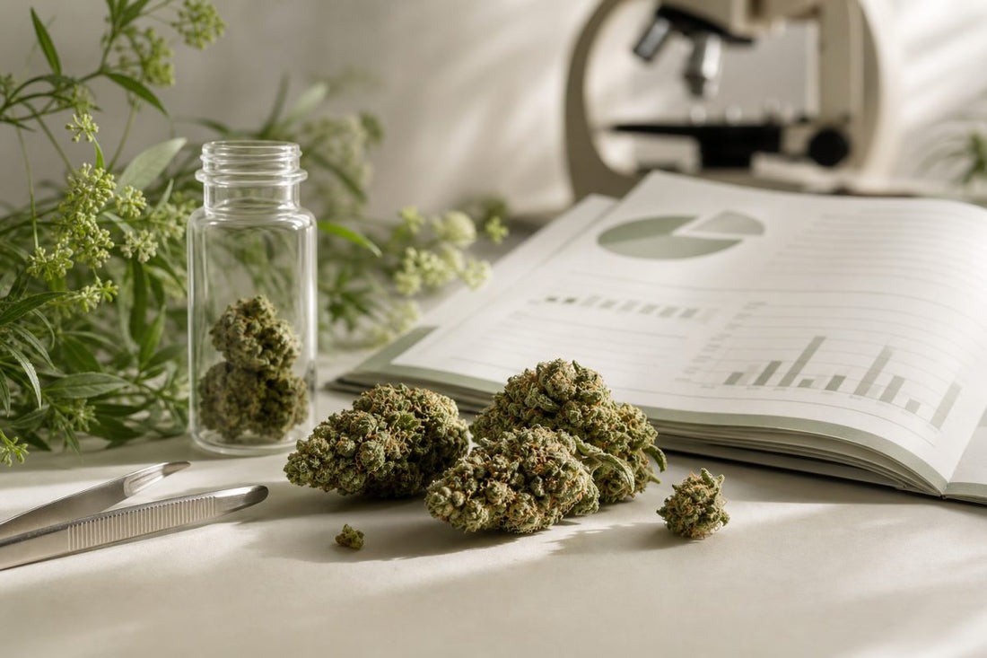 CBD Blüten neben neutralen Laborutensilien und einem abstrahierten Prüfbericht