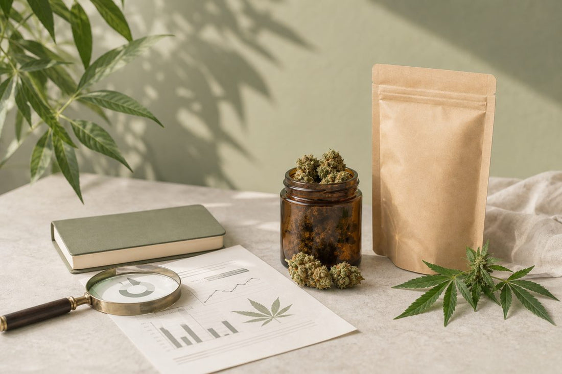 CBD Blüten, neutrale Verpackung und Unterlagen für einen Sicherheitscheck vor der Nutzung