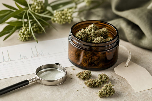 CBD Blüten neben neutralem Laborbericht und Lupe zur Prüfung von THC-Angaben