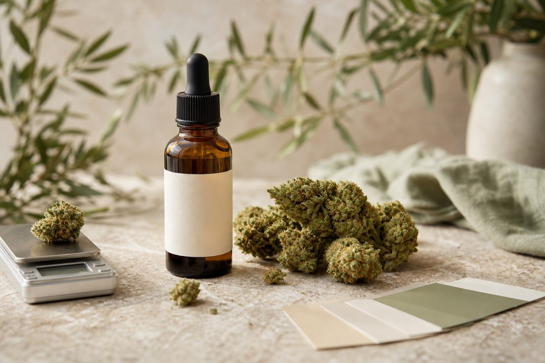 Neutrale Gegenüberstellung von CBD Öl und CBD Blüten mit Messhilfen