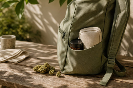 Kleiner geschützter Behälter mit CBD Blüten neben einem Tagesrucksack