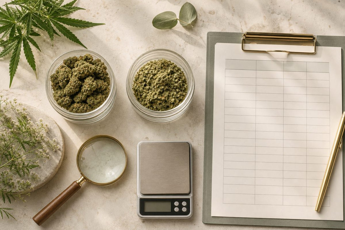 CBD-Blütenvergleich mit neutralen Gefäßen, Waage und Vergleichsnotizen