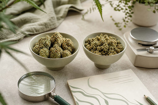 Zwei CBD-Blütenformate mit Lupe und Waage als sachlicher Produktvergleich