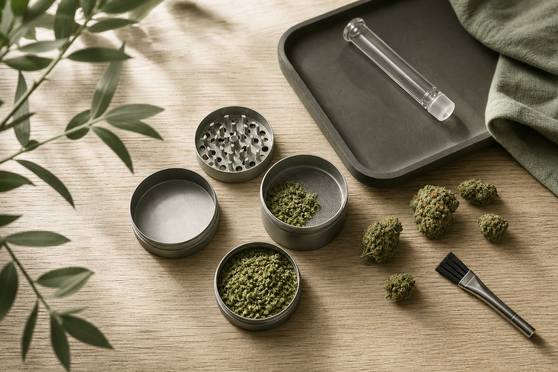 Sauberer Grinder mit ganzen und locker zerkleinerten CBD Blüten auf einem Tray