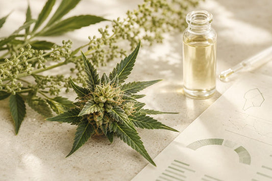 CBD Blüte neben neutralen Laborutensilien als Symbol für CBD-, CBDA- und Gesamt-CBD-Angaben
