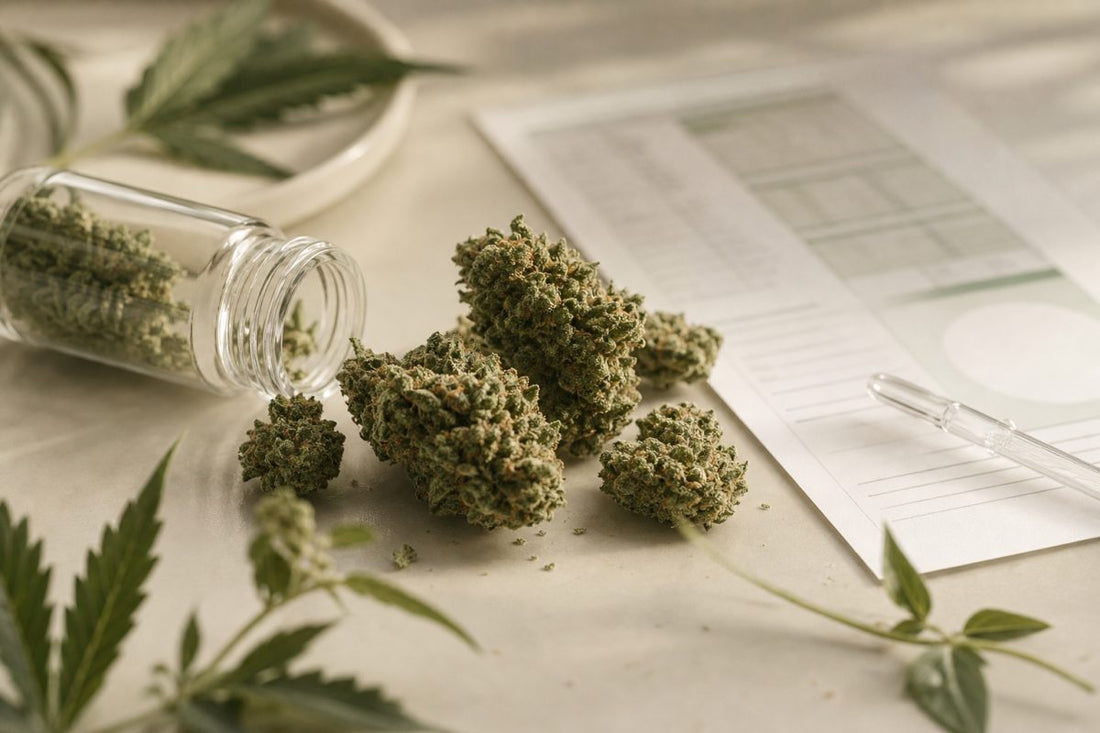 CBG Blüten neben neutraler Analyseumgebung