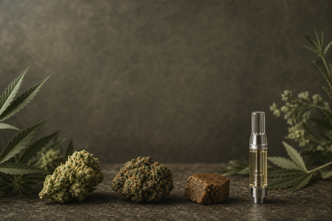 CBN Produkte als Blüten, Hash und Kartusche im neutralen Vergleich