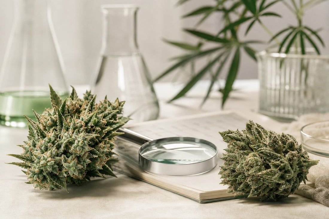 Zwei ähnlich aussehende Blüten mit Lupe und neutralem Analysekontext als Symbol für den Vergleich von H3 Blüten und CBD Blüten