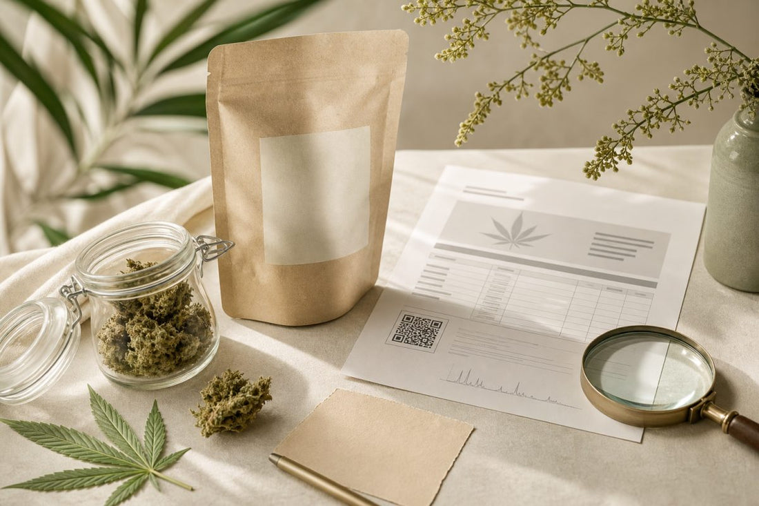 CBD Blüten mit Verpackung, Charge und Laborbericht als Qualitätscheck