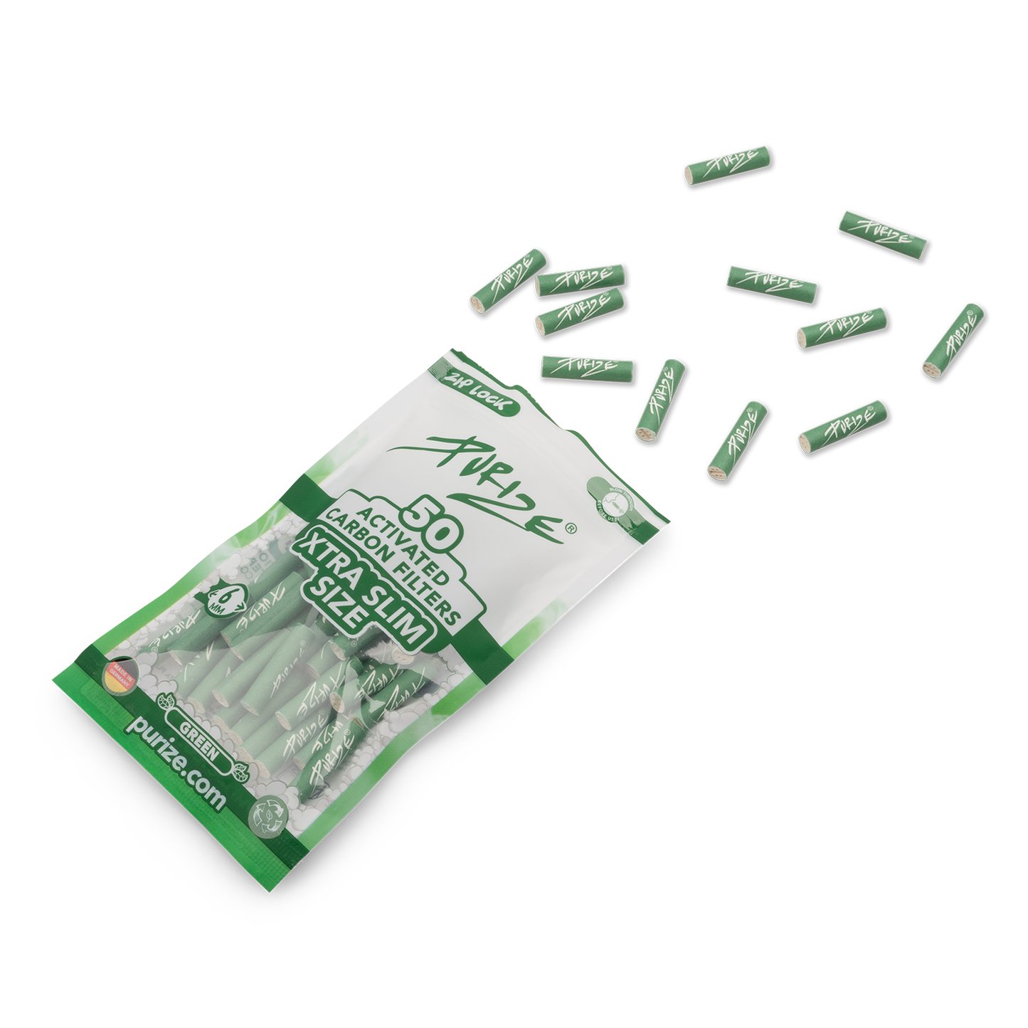 PURIZE Xtra Slim Aktivkohlefilter 6 mm – 50 Stück im PE-Beutel, Grün