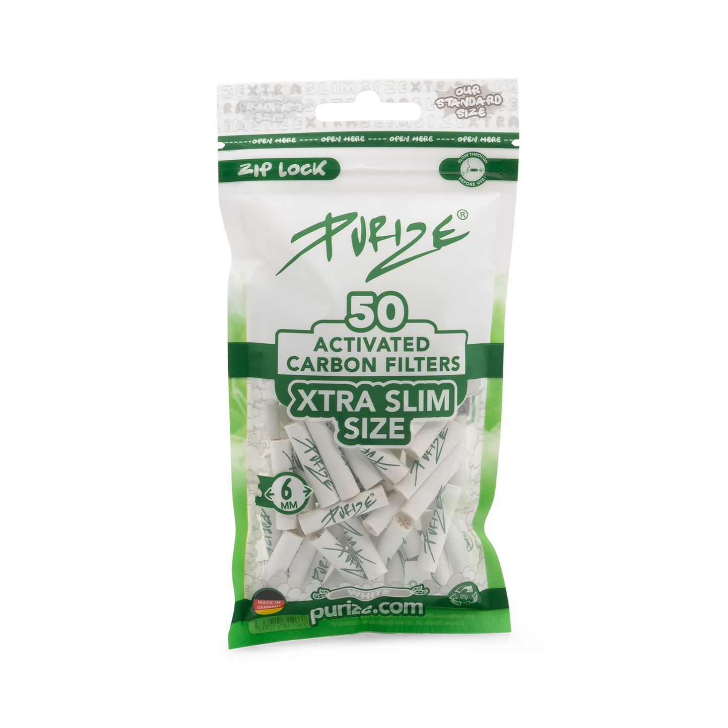 PURIZE Xtra Slim Aktivkohlefilter 6 mm – 50 Stück im PE-Beutel, Weiß