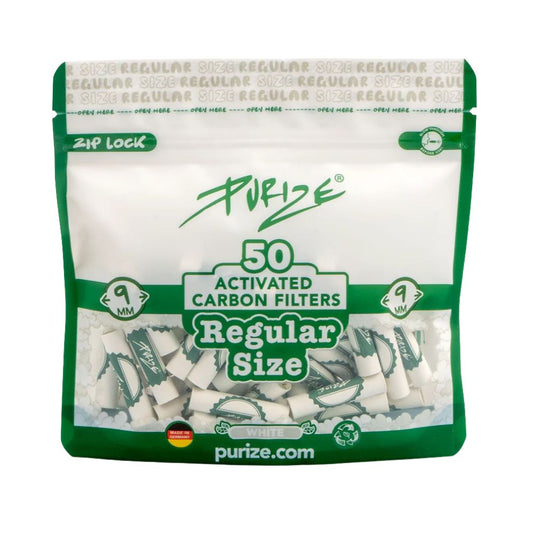 PURIZE Regular Size Aktivkohlefilter 9 mm – 50 Stück im PE-Beutel, Weiß