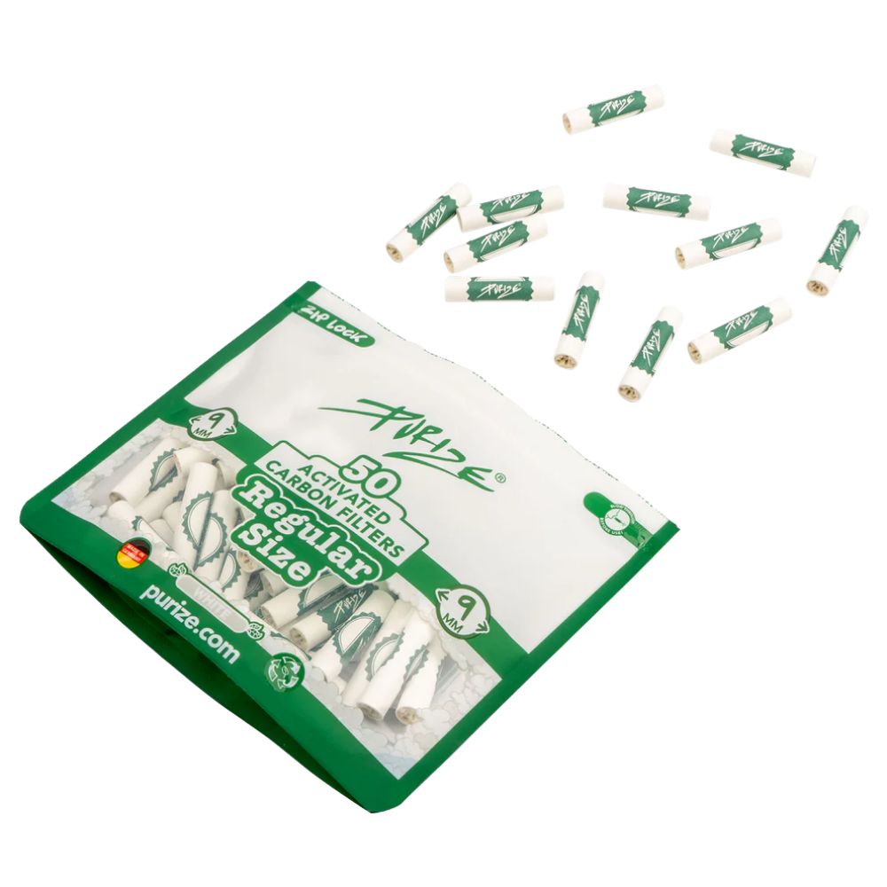PURIZE Regular Size Aktivkohlefilter 9 mm – 50 Stück im PE-Beutel, Weiß