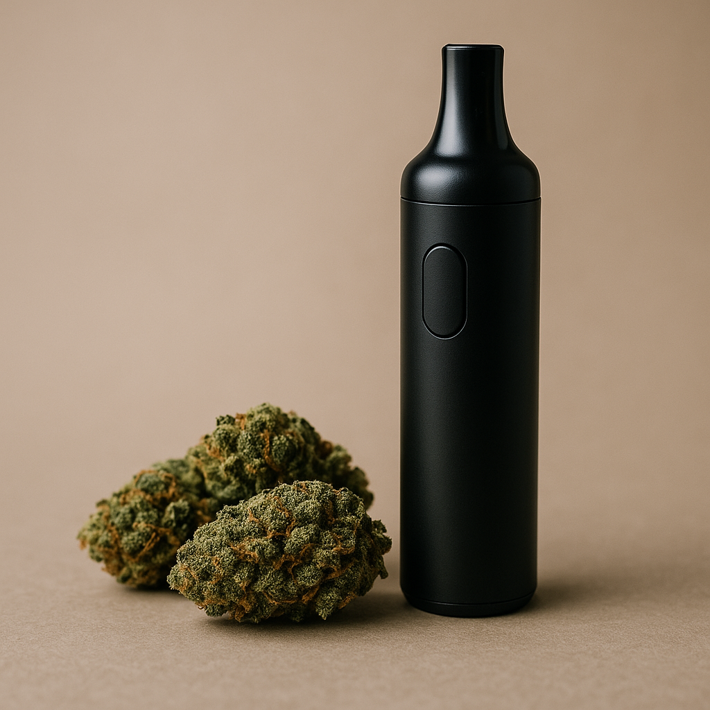 Eleganter schwarzer Vaporizer mit offenen CBD Blüten daneben auf neutralem Hintergrund – moderne Anwendung und Genuss der CBD Blüten von CBD Hexe®.