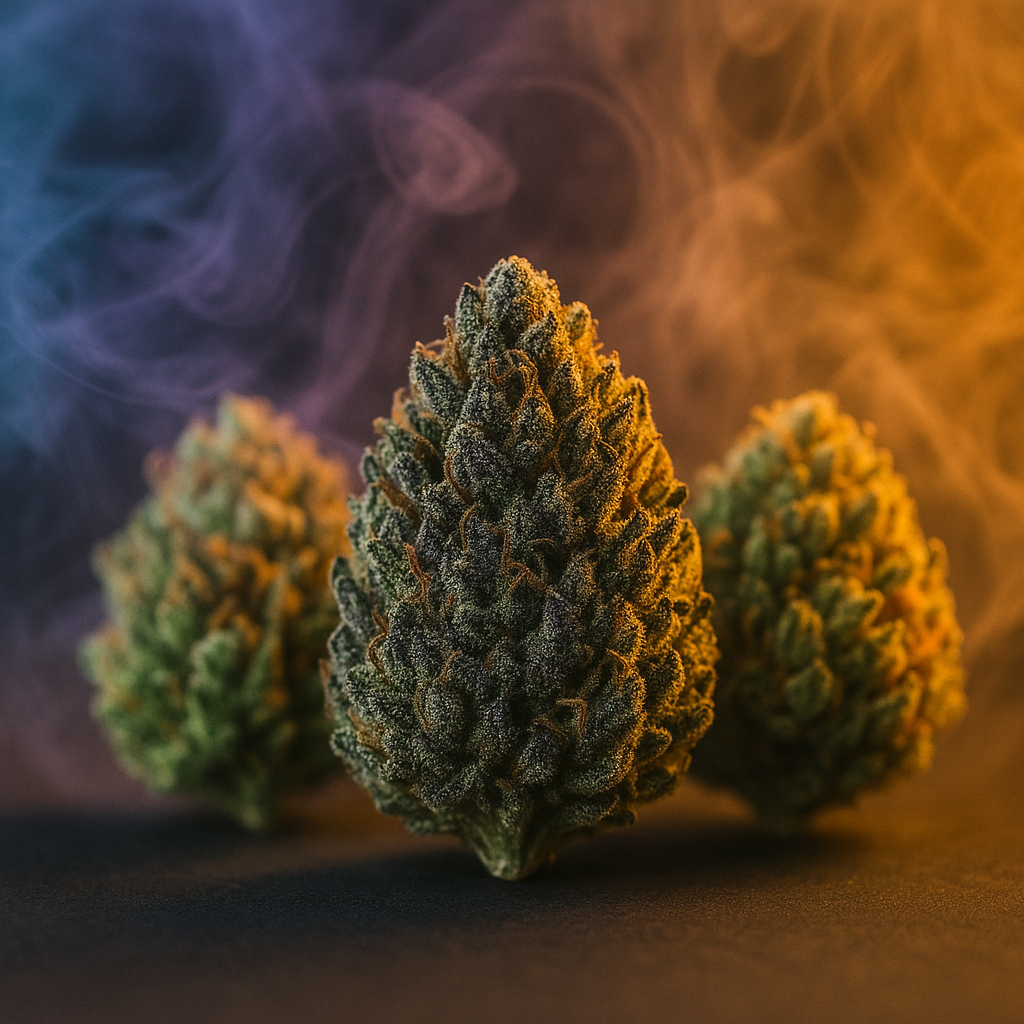 Nahaufnahme von aromatischen CBD Hanfblüten mit farbigem Lichtschleier – Darstellung der Terpene und Duftvielfalt der CBD Blüten von CBD Hexe®.