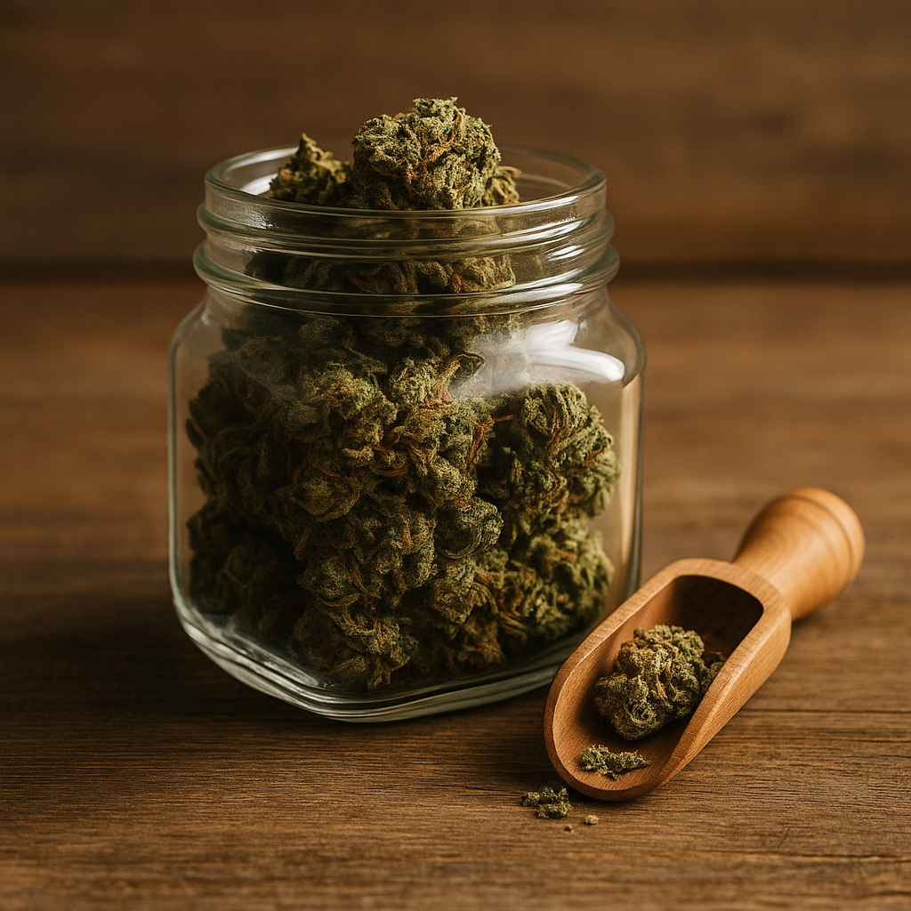 Glasbehälter mit getrockneten CBD Hanfblüten und Holz-Messlöffel auf Holztisch – richtige Lagerung und Frischegarantie bei CBD Hexe® Blüten.