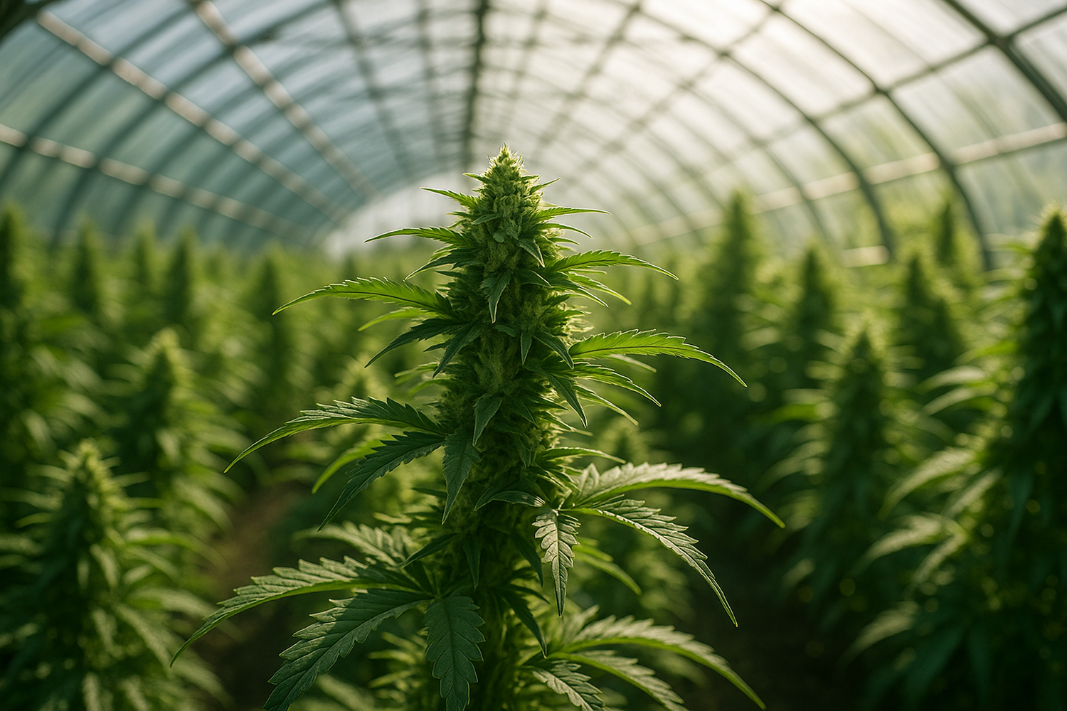 Moderne Indoor-Anlage mit grünen Hanfpflanzen im Sonnenlicht – nachhaltiger Anbau und Premium CBD Blüten Qualität von CBD Hexe®.