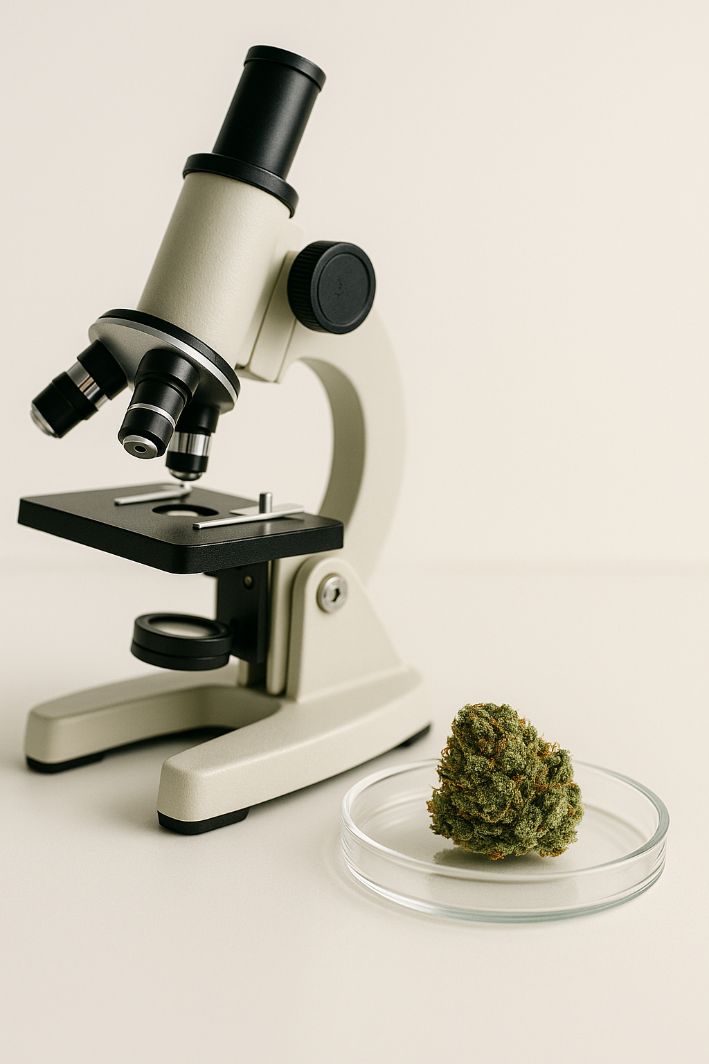 Labor-Szene mit Mikroskop und CBD Blüte in Petrischale – Qualitätsprüfung und Reinheitsanalyse der CBD Blüten von CBD Hexe®.