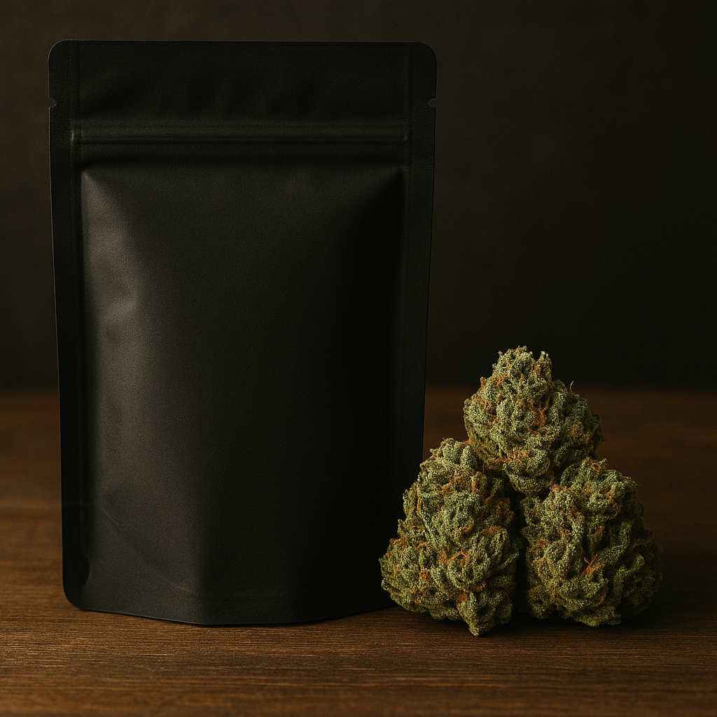 Schwarze, edle Markenverpackung mit frischen CBD Blüten daneben auf dunklem Hintergrund – Premium CBD Blüten und Qualität von CBD Hexe®.