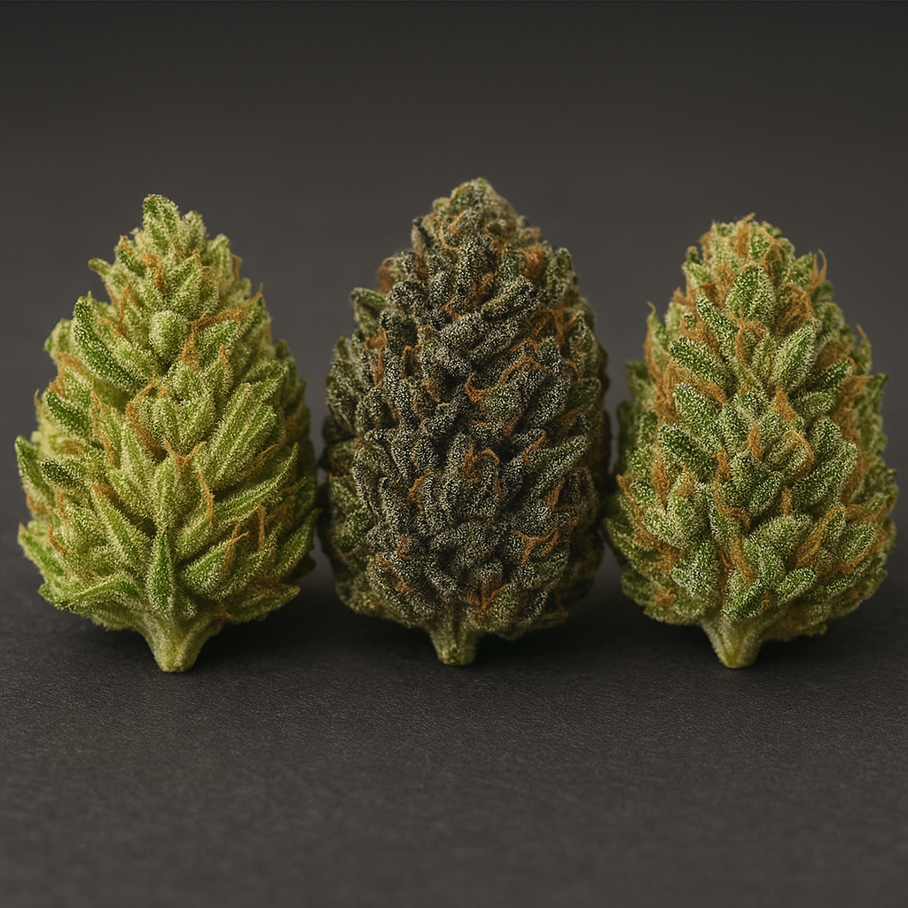Drei verschiedene CBD Blüten nebeneinander – hellgrüne Sativa, dunkelgrüne Indica und gemischte Hybrid Blüte – Sortenvielfalt von CBD Hexe®.