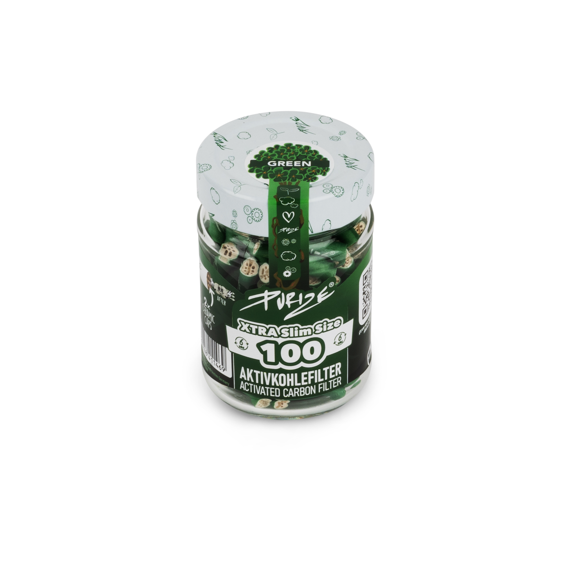 PURIZE Xtra Slim Aktivkohlefilter 6 mm – 100 Stück im Glas, Farben Mixed (VE 10 × 100)