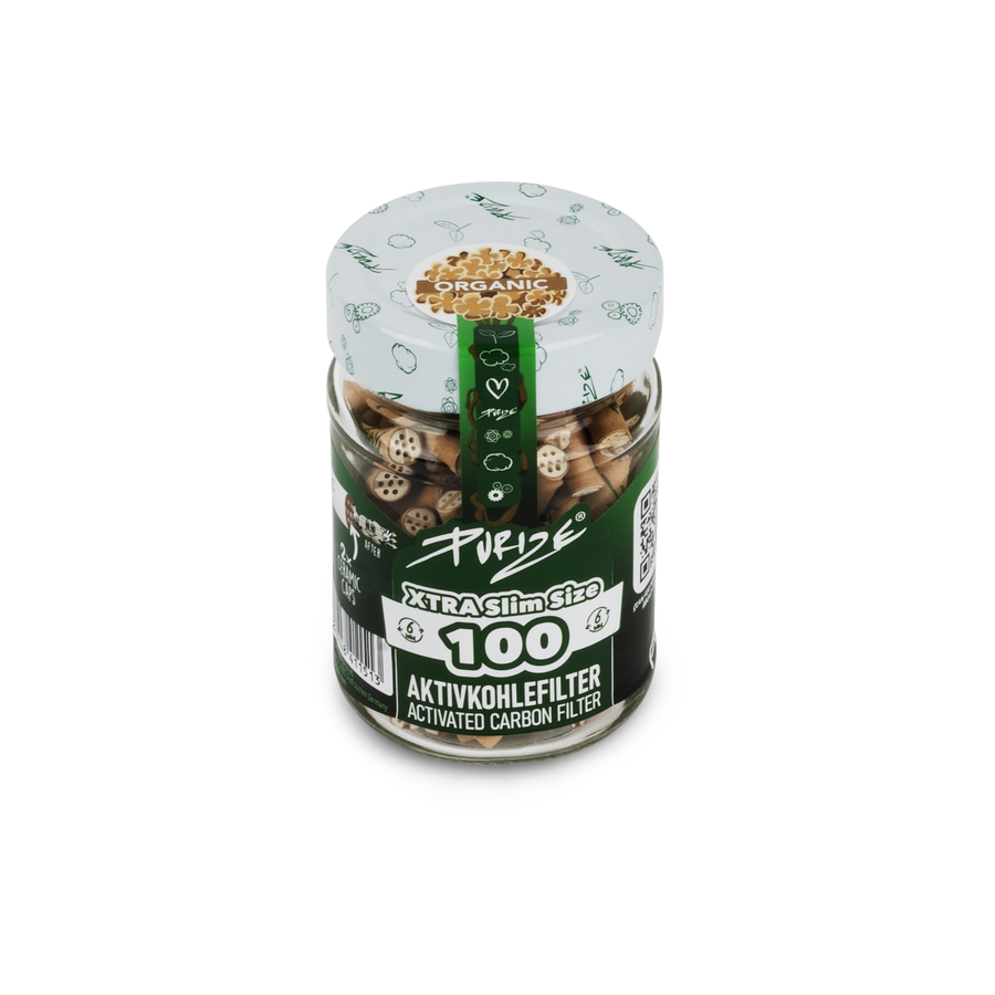 PURIZE Xtra Slim Aktivkohlefilter 6 mm – 100 Stück im Glas, Farben Mixed (VE 10 × 100)