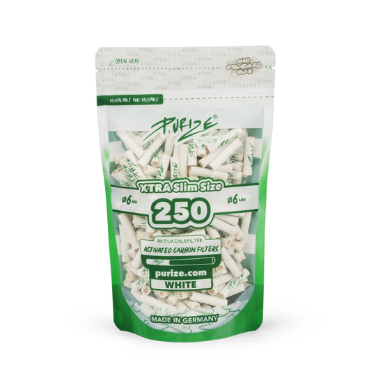PURIZE Xtra Slim Aktivkohlefilter 6 mm – 250 Stück im Standbodenbeutel, Weiß
