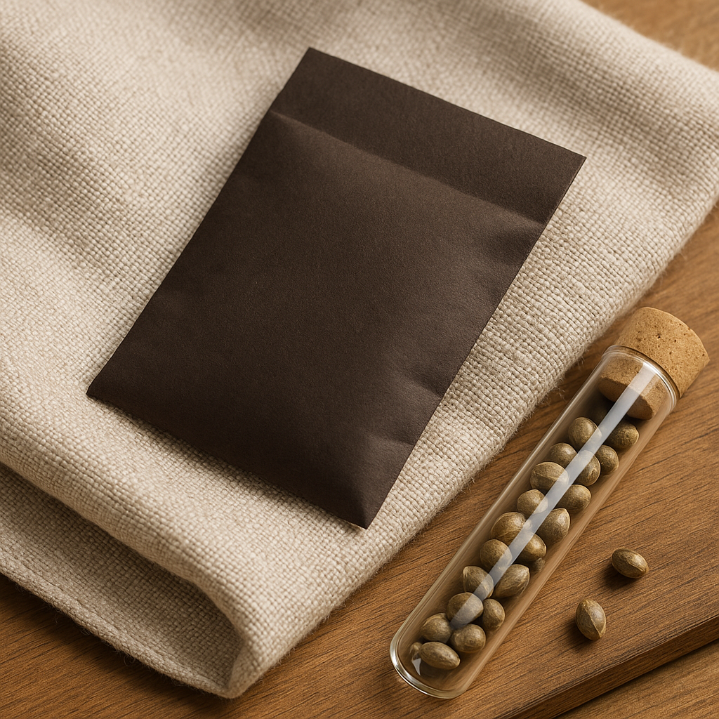 Schwarze Papiertütchen und Glasröhrchen mit Cannabis Samen auf hellem Tisch – diskrete Verpackung und professioneller Versand bei CBD Hexe®.