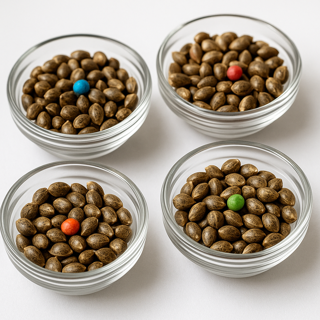 Vier Schälchen mit verschieden markierten Cannabis Samen – Symbol für feminisierte, automatische, reguläre und CBD Samen im CBD Hexe® Sortiment.