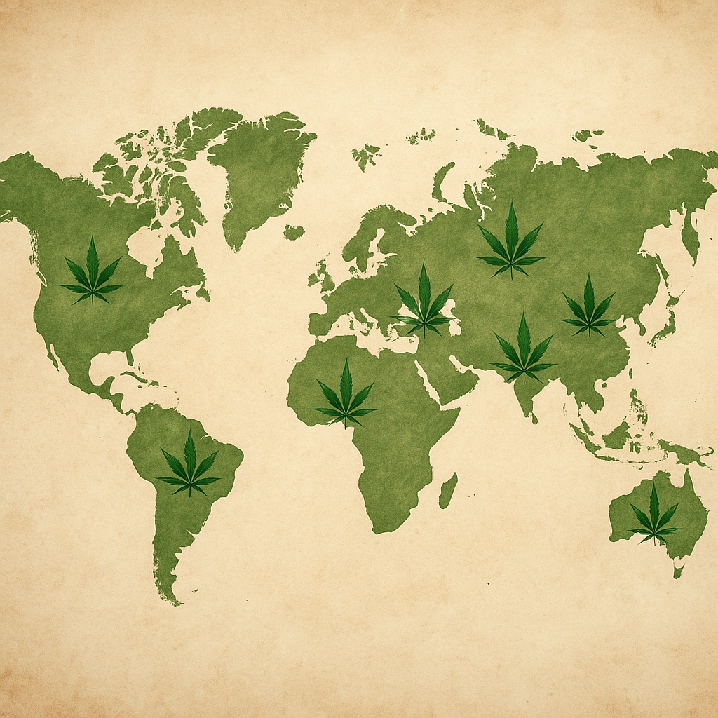 Weltkarte mit dezenten grünen Akzenten und Cannabis-Symbolen – Darstellung der internationalen Herkunft und globalen Genetik der Cannabis Samen von CBD Hexe®.