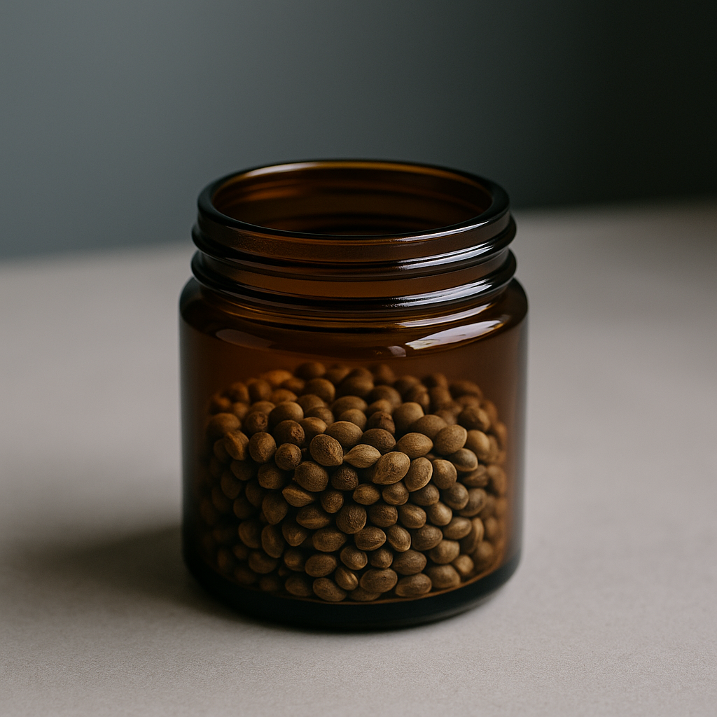 Dunkler Glasbehälter mit Cannabis Samen, kühl und trocken gelagert – richtige Aufbewahrung für Frische und Haltbarkeit bei CBD Hexe®.