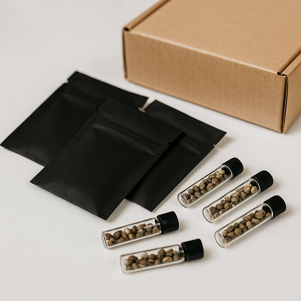 Elegante Verpackung mit Cannabis Samenröhrchen auf Holz und Leinen – Premium Markenbild und Qualitätsanspruch von CBD Hexe®.