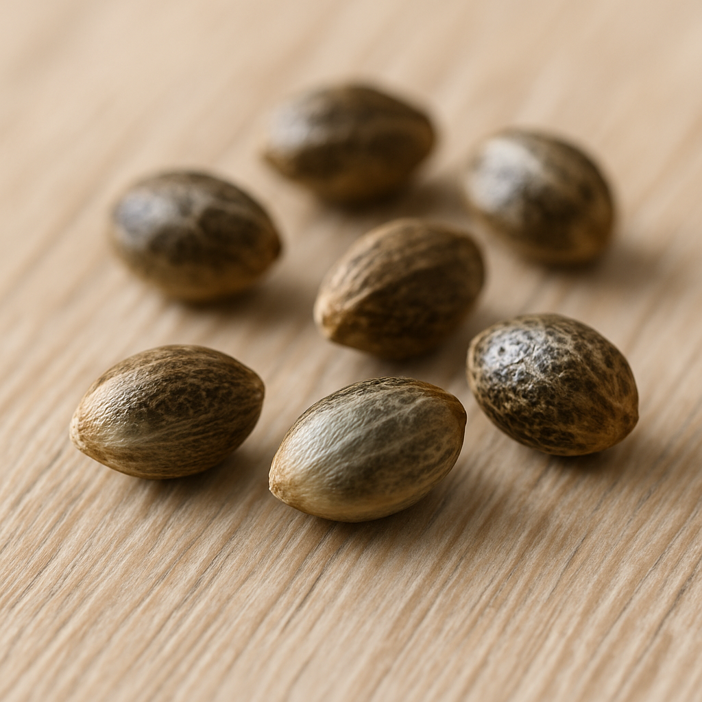 Makroaufnahme hochwertiger Cannabis Samen auf hellem Holz – Premiumqualität und natürliche Struktur im CBD Hexe® Cannabis Samen Sortiment.