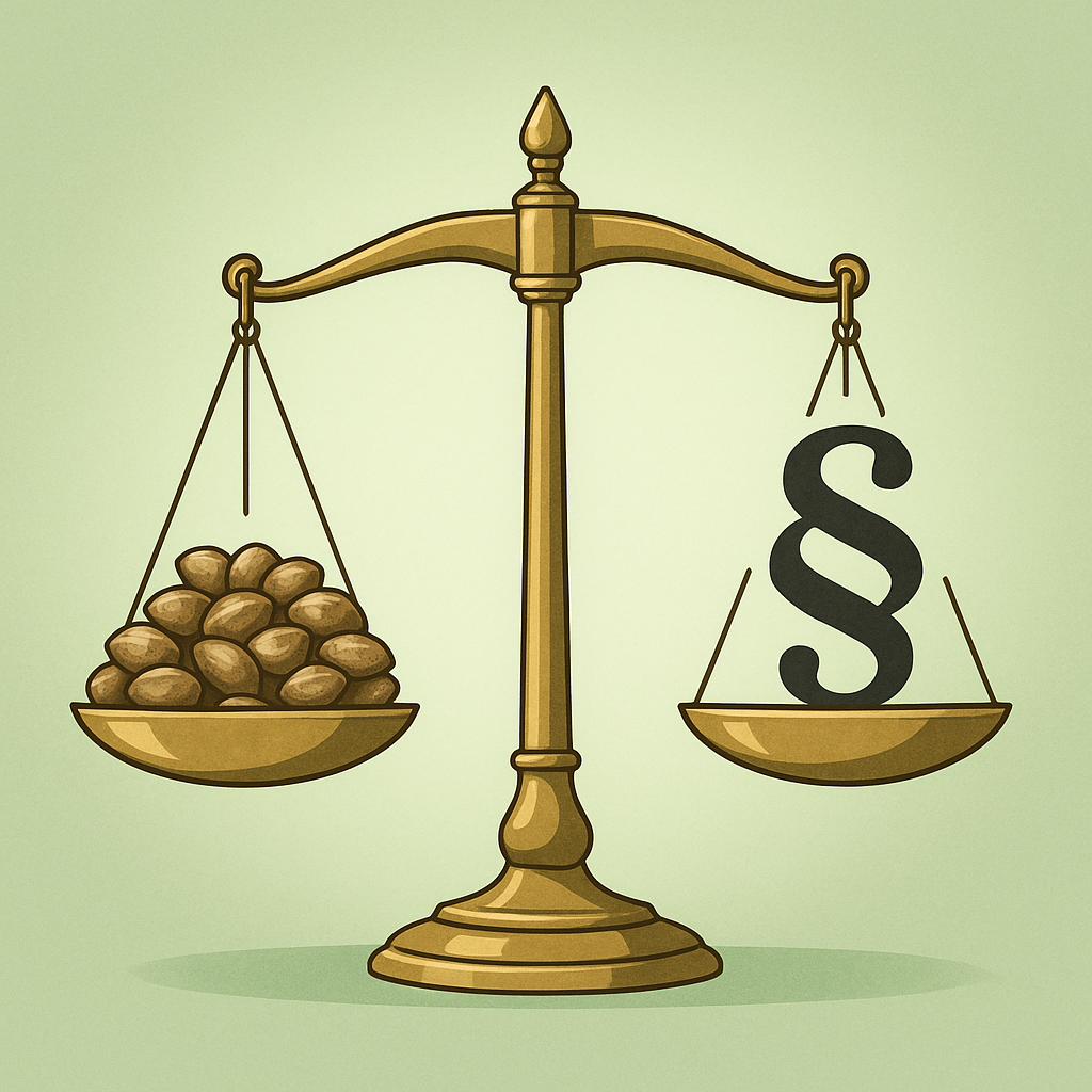 Waage der Gerechtigkeit mit Cannabis Samen auf der einen Seite und Paragraphenzeichen auf der anderen – Symbol für die legale und geregelte Situation von Cannabis Samen in Deutschland bei CBD Hexe®.